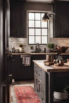 a kitchen with black cabinets and an area rug