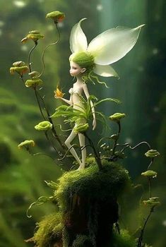 a fairy is standing on top of a mossy plant