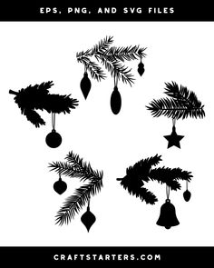 black and white christmas tree silhouettes with ornaments hanging from the branches, on a white background