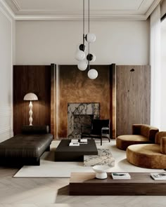 a living room with two couches, a coffee table and a fireplace in it