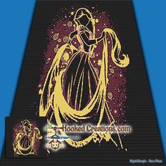 a cross stitch pattern with an image of a princess in yellow and purple on black