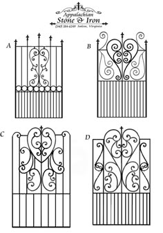 an iron gate with four different designs and measurements for the top, bottom, and bottom bars