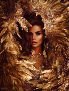 a woman is surrounded by golden feathers