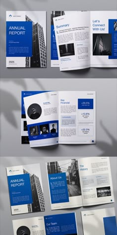 an open brochure with blue and white pages