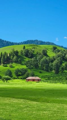 a green field with a small cabin in the distance