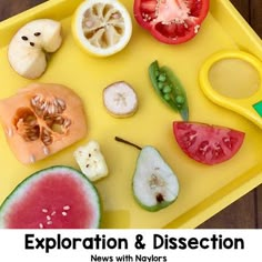 an assortment of fruits and vegetables on a yellow tray with the words explore & dissection news with naylors