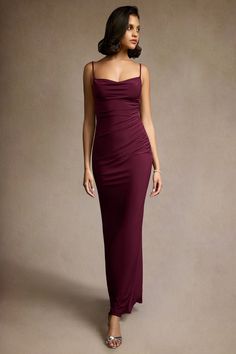 The Sherrie Cowl Maxi Dress is an eveningwear staple. The draped neckline is paired with spaghetti straps and gathering around the waistline. The look is complete with a sheath skirt. Maroon Dress Outfit, Atelier Dress, Wine Colored Dresses, Burgundy Midi Dress, Azazie Dresses, Sage Dress, Special Event Dresses, Maxi Dresses Fall, Fall Wedding Guest Dress