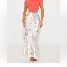 Fashion Nova Maxi Skirt With Flowers. Off White/Champagne Color. Ordered Because It’s Beautiful But It Didn’t Fit. Size Large But Very Little Stretch. Wouldn’t Recommend For Curvier Women. Send Me An Offer Or Bundle To Save! Champagne Fashion, Skirt With Flowers, Buy Myself Flowers, Night Skirt, Modest Dresses Fashion, Satin Maxi Skirt, Modesty Outfits, African Print Dress Designs, White Champagne