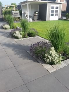 a garden with purple and white flowers in front of a house