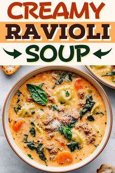 creamy ravioli soup in a bowl with bread on the side