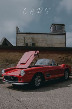 an old red sports car with its hood open and the words carps written above it