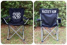 two folding chairs with monogrammed letters on them, one is black and the other has