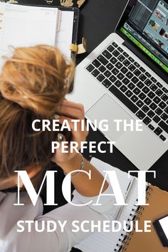 a woman sitting in front of a laptop computer on top of a desk with text reading creating the perfect mca study schedule