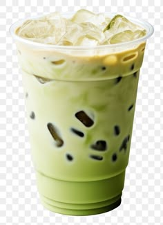 a green drink with ice and black dots on it, in a plastic cup transparent background