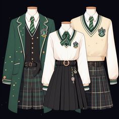 ideias de uniforme para a casa sonserina Harry Potter Uniform Ideas, Slytherin Cheerleader Uniform, Hogwarts Uniform Aesthetic Ravenclaw, Hogwarts Uniform Redesign, Hogwarts Slytherin Uniform, Hogwarts Uniform Drawing, Modern Hogwarts Uniform, Magic School Uniform Design, Uniform Design School