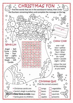 christmas fun worksheet with words and pictures for kids to color on the page