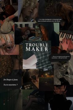 a collage of photos with the words trouble maker written in different languages on them