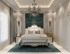 a large bed sitting in the middle of a bedroom next to a chandelier