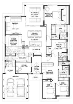 the floor plan for a two story house with three car garages and an attached living area