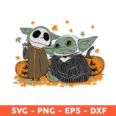 two baby yoda and jack - o - lantern characters sitting on pumpkins with the words svg - png - eps - dxf