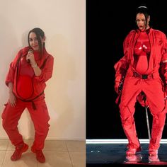 a woman in red is standing next to an image of a person wearing a red outfit