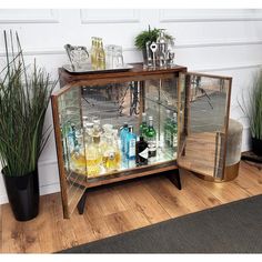 a glass cabinet with bottles and glasses in it sitting on the floor next to some potted plants