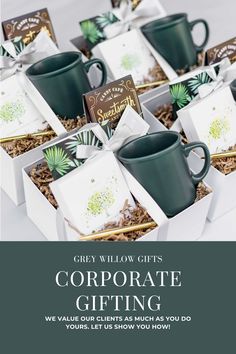 coffee mugs in boxes with the words grey willow gifts corporate gifting we value our client's much as much as you do