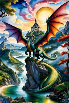 a painting of a dragon sitting on top of a cliff