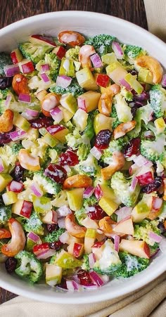 Broccoli Cashew Salad with Apples, Pears, and Cranberries in a white bowl Broccoli Cashew Salad, Broccoli Cashew, Julia's Album, Cashew Salad, Salad Broccoli, Cashew Apple, Salad With Cranberries, Creamy Salad, Creamy Salad Dressing