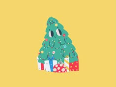 a green christmas tree with presents under it on a yellow background in the shape of a gift box