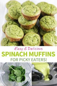 spinach muffins in a blender with the words, easy and delicious for picky eaters