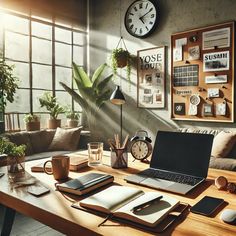 a laptop computer sitting on top of a wooden desk next to a cup of coffee