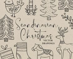 hand drawn christmas clipart set with stockings, boots and deers in the woods