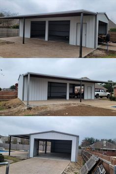 three pictures of two garages with one open and the other closed in different stages