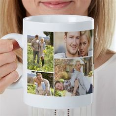 a woman holding up a coffee mug with photos on it