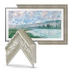 an ornate frame with a painting hanging on the wall next to it and another piece of art