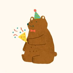 a brown bear wearing a party hat and holding a slice of pizza with confetti