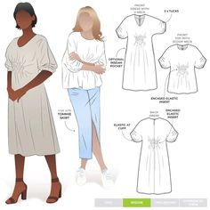 a woman's dress and top sewing pattern, with instructions for the front and back