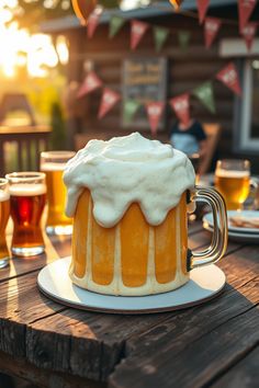 there is a cake with frosting on it and some beer mugs in the background