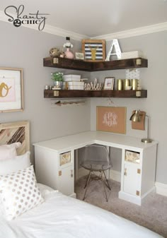 a bedroom with a bed, desk and shelves on the wall above it's headboard