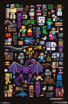 an old school pixel art poster with many different characters