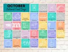 the october national food day poster is displayed on a brick wall with colorful squares and icons