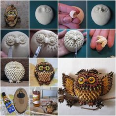 many different pictures of owl sculptures made out of clay and paper machs, including an owl