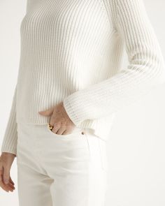 Say hi to our classic fisherman knit sweater in a lighter weight 100% organic cotton. With allover rib detailing, this sweater has the ideal vibe for chill days and evenings. The perfect layering piece to help transition from fall all the way through spring to throw on with a light silky skirt or your favorite jeans. Also offered in sizes 1X-3X.  | Quince | Women's Fisherman Crew Sweater in Ivory, Size Large, Organic Cotton Fisherman Knit Sweater, Cashmere Robe, Cashmere Wrap, Fisherman Sweater, Comfortable Sweater, Fashion Deals, Favorite Sweater, Organic Fabrics, Mock Neck Sweater