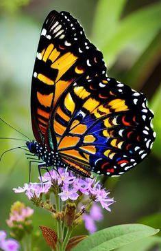 a colorful butterfly sitting on top of a purple flower