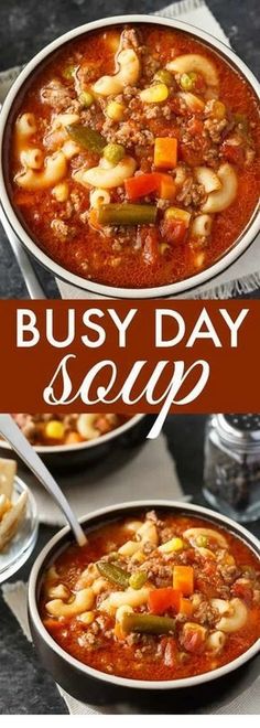 two bowls filled with soup and the words busy day soup