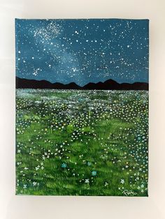 an acrylic painting of a field with flowers and stars in the night sky