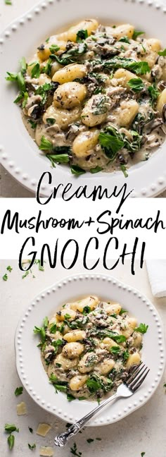 creamy mushroom and spinach gnocchini on a white plate