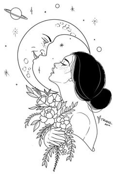 a drawing of a woman kissing the moon with flowers in her hand and planets around her neck