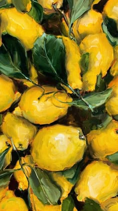 a painting of yellow lemons with green leaves